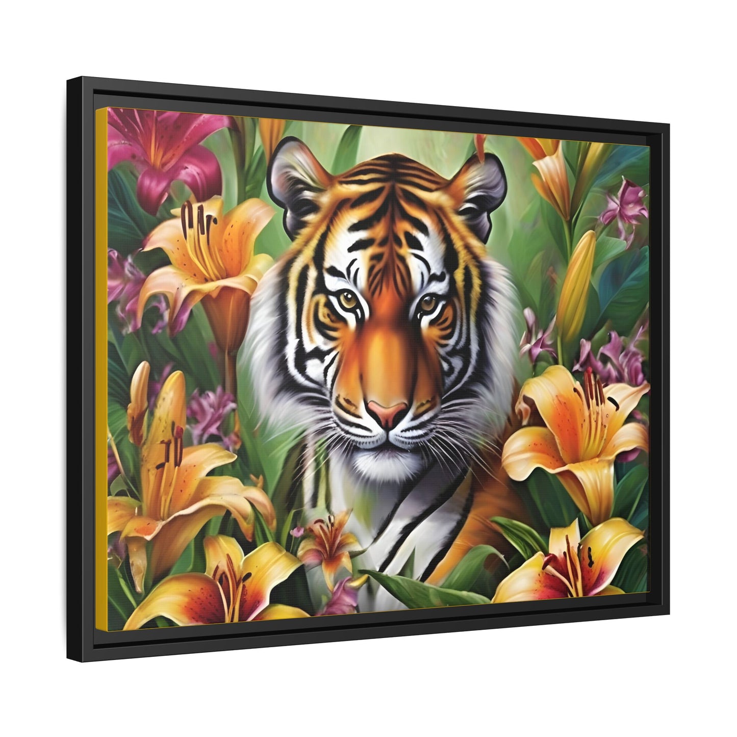 Majestic Tiger Framed Matte Canvas Art - Vibrant Floral Decor