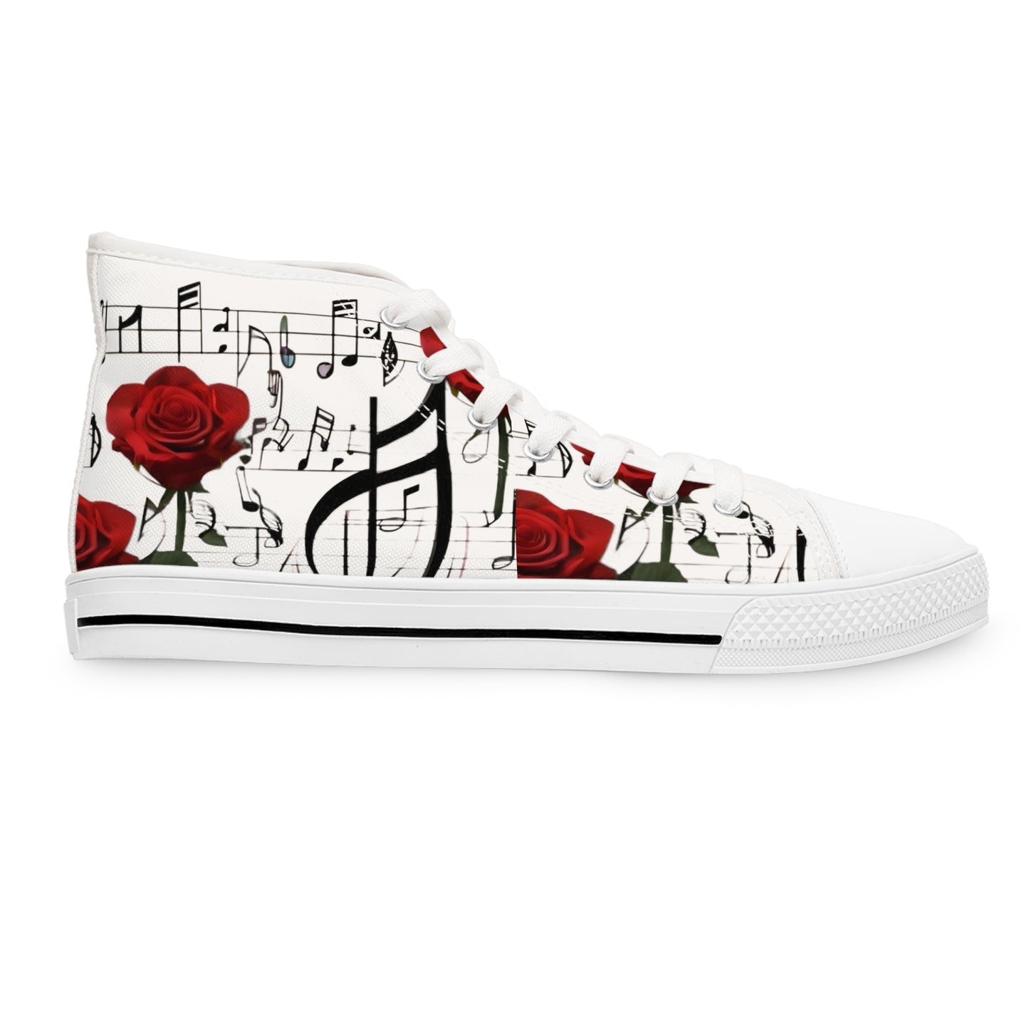 R&RH Elegant Music Note High Top White Sneakers with Rose Design