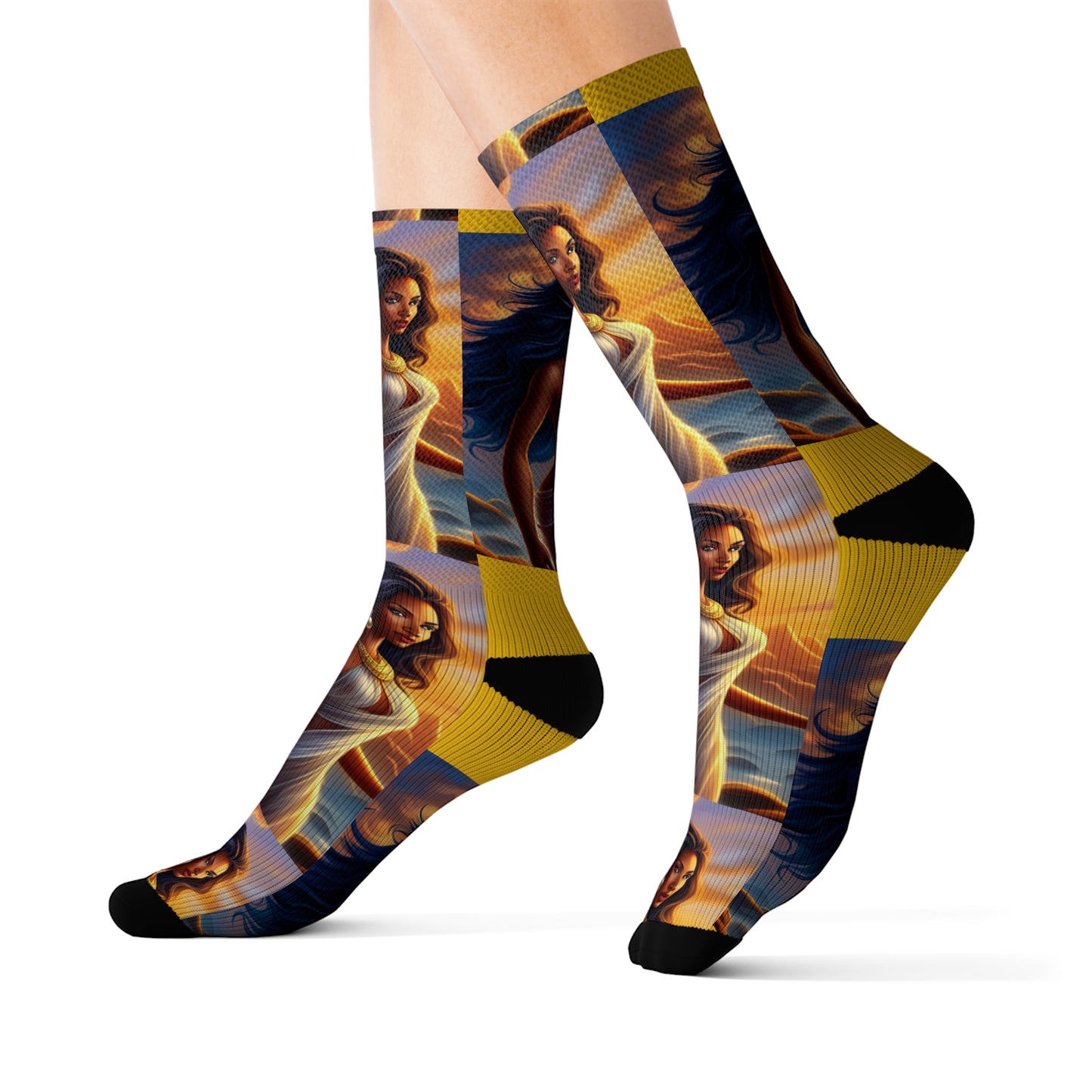 Sublimation Socks - R&RH Goddess Mustard Yellow Print, Comfortable and Stylish - Rich and Rich Homeopportunities 