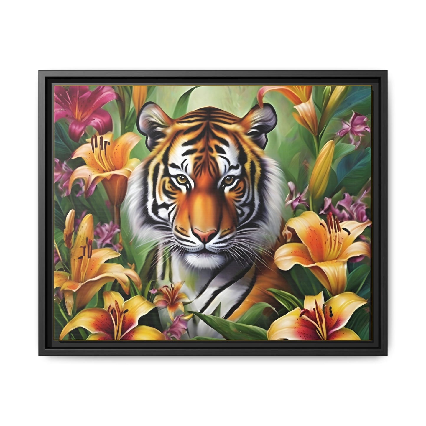 Majestic Tiger Framed Matte Canvas Art - Vibrant Floral Decor