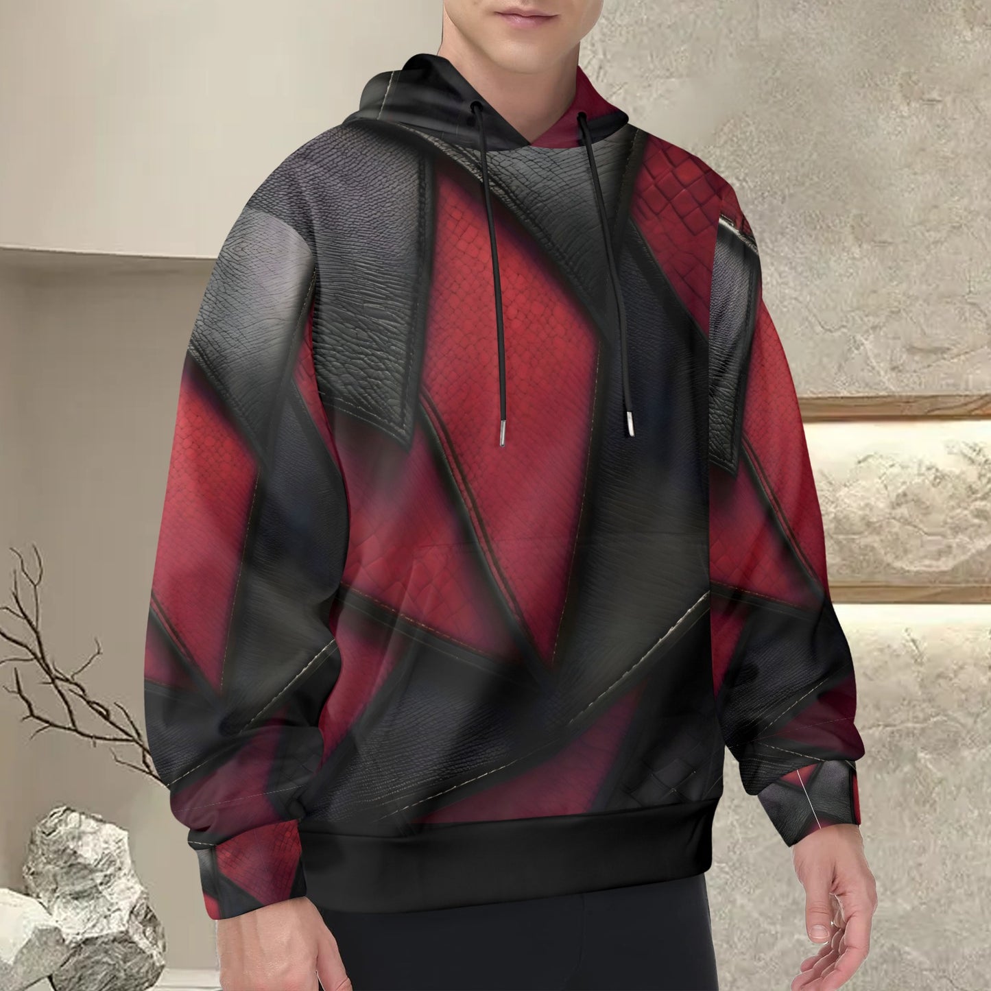 R&RH Burgundy and Black Diagonal Designers Mens Hoodie