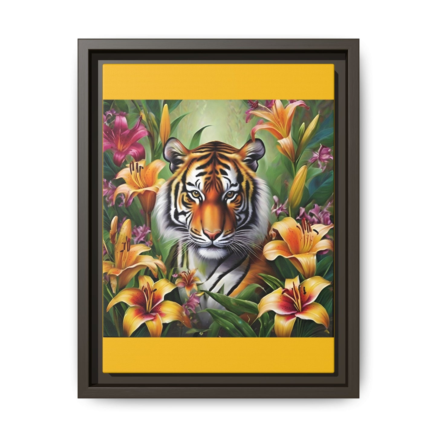 Majestic Tiger Framed Matte Canvas Art - Vibrant Floral Decor