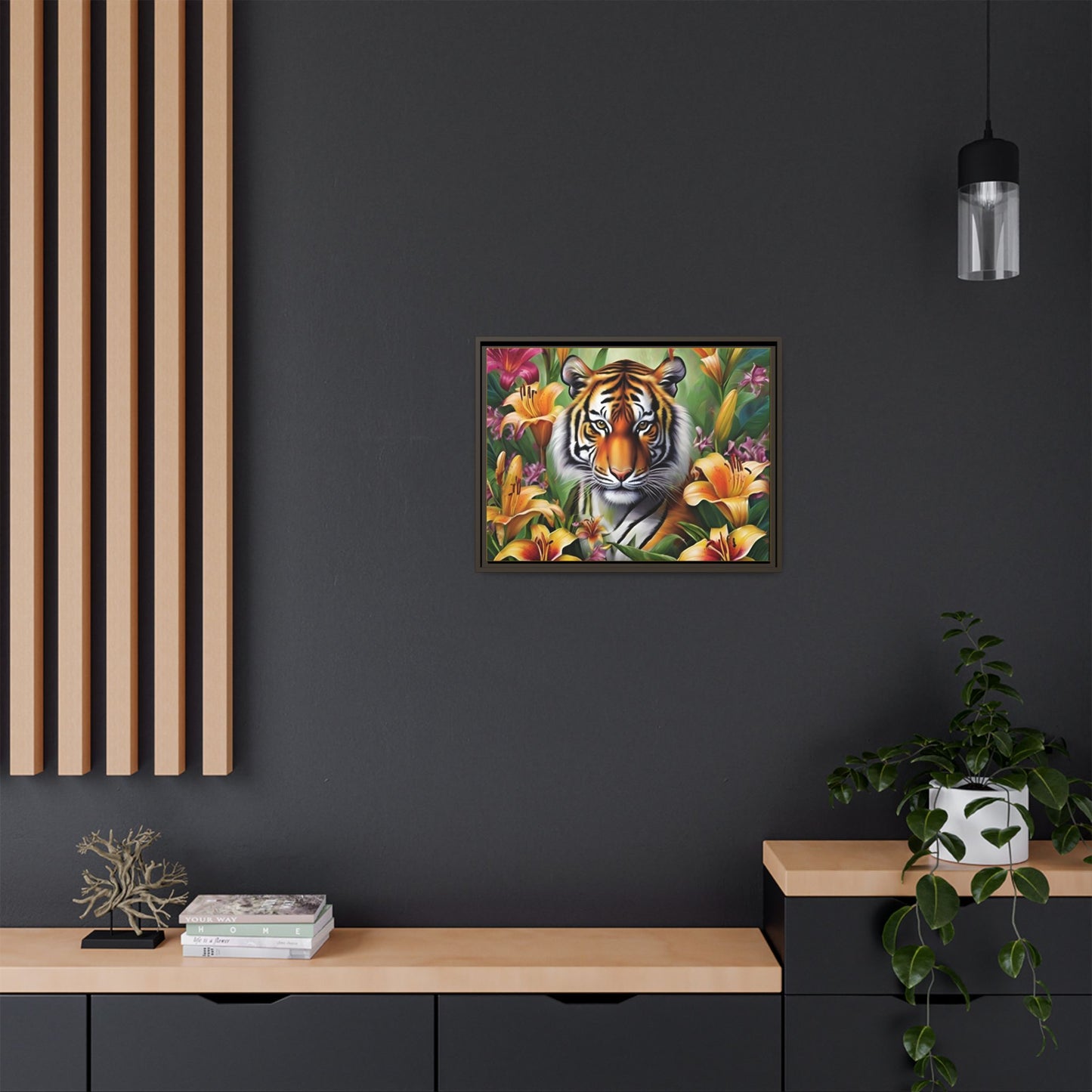 Majestic Tiger Framed Matte Canvas Art - Vibrant Floral Decor