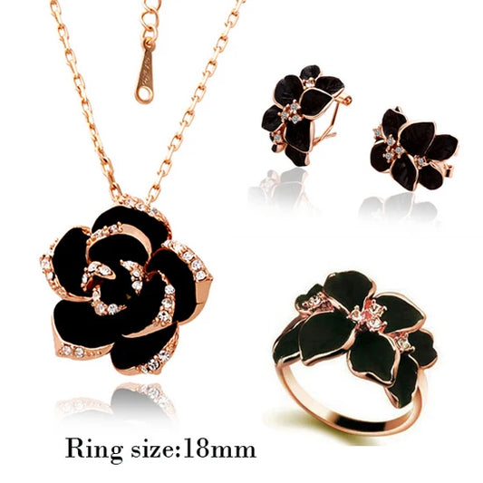 Rose Black Flower Enamel Jewelry Set