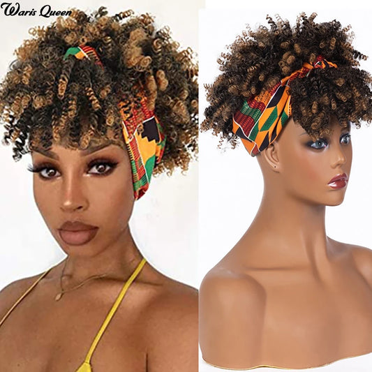 Brown To Blonde Headband Wigs Synthetic For Black Women Short Afro Kinky Curly Wrap Wig Natural Heat Resistant Hair