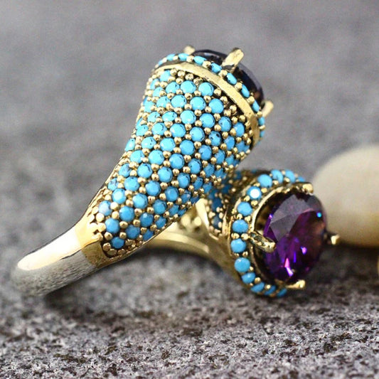 Vintage Gold Color Turquoises Beaded Opening Ring For Women Girls Punk Gothic Party Retro Purple Zircon Jewelry Gift G4M853