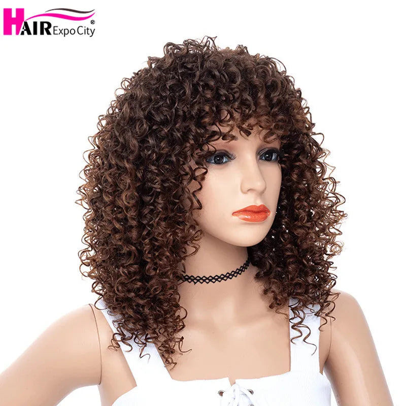 Short Afro Kinky Curly Wig With Bangs Synthetic Wigs For Black Women Heat Resistant Fiber Mixed Brown and Blond Hair Expo City