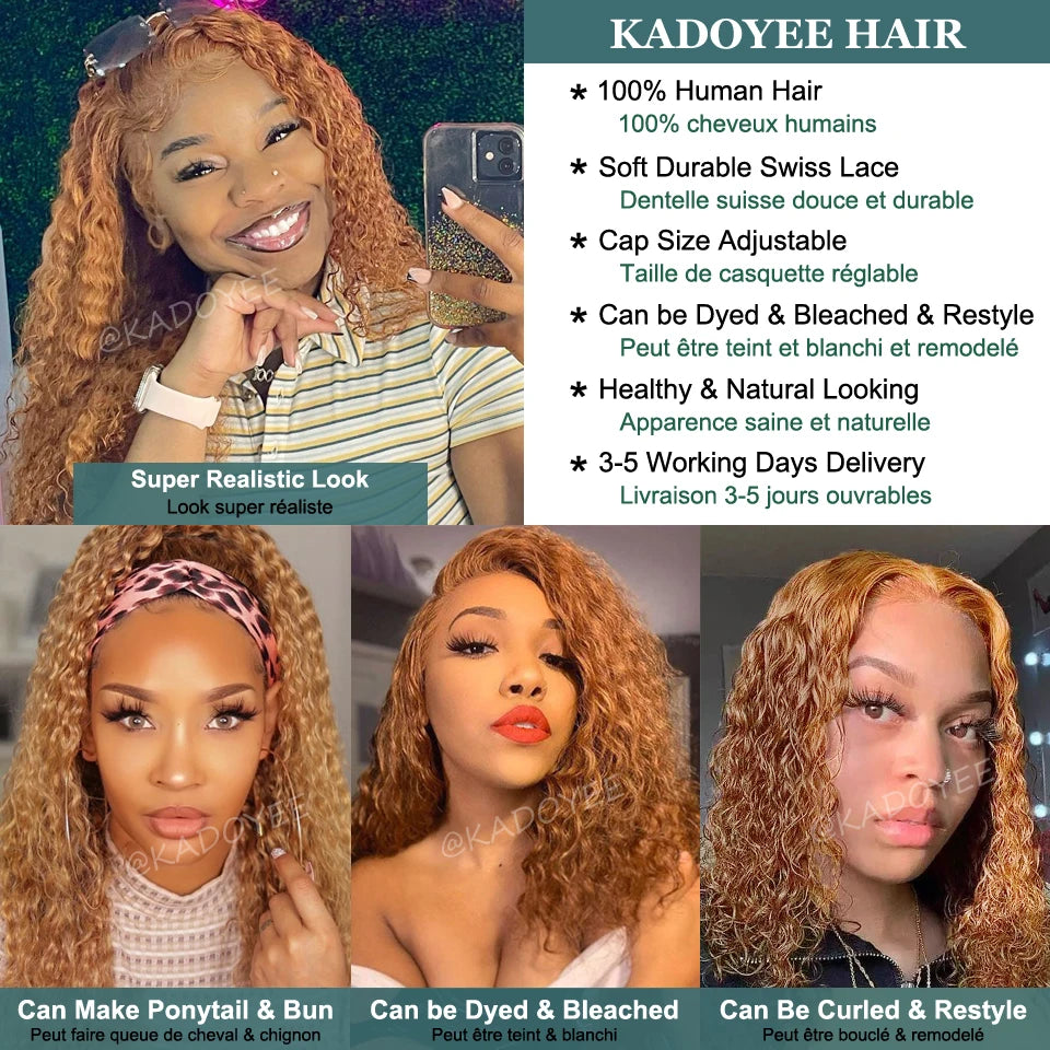 Short Curly Honey Blonde Bob Wig Lace Front Human Hair Wigs For Women #27 Color Brazilian Kinky Curly Lace Closure Frontal Wigs