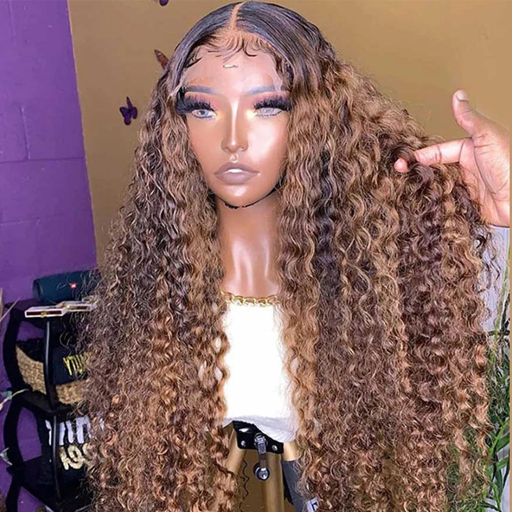 HF 13x4 Highlight Lace Front Human Hair Wigs Honey Blonde Colored Deep Curly Lace Frontal Wig Wet and Wavy Lace Wigs