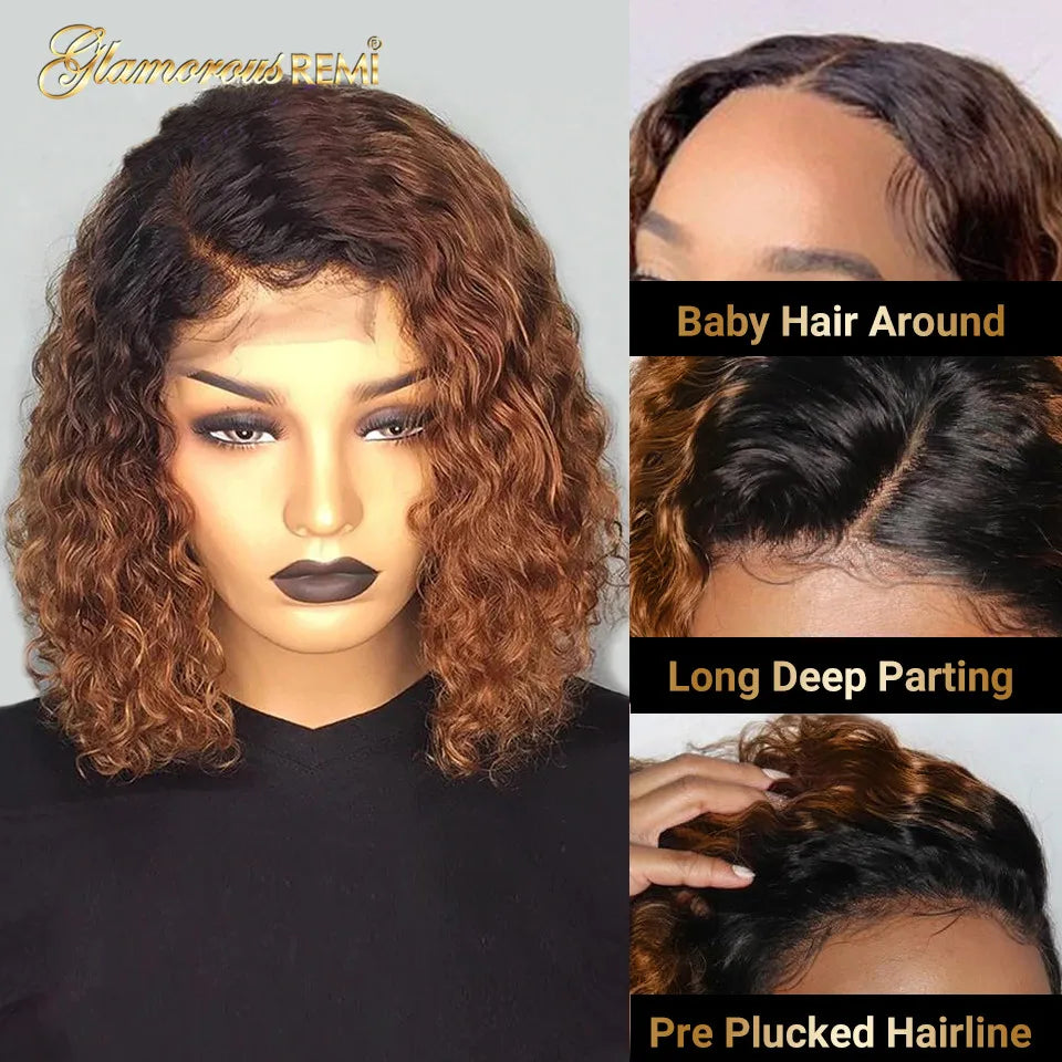 Ombre Curly Short Bob Wig Brazilian Curly Human Hair Wigs Preplucked Bob Deep Curly Lace Front Wig For Women Human Hair 8-16Inch