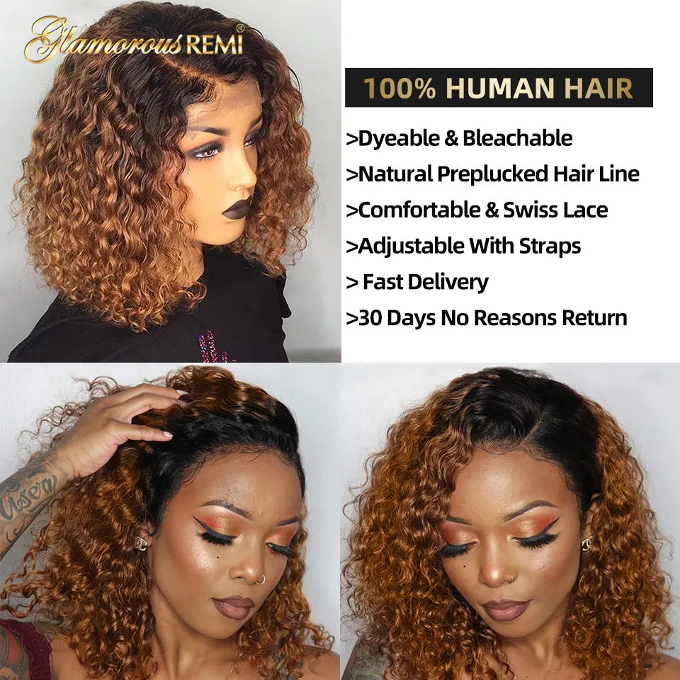 Ombre Curly Short Bob Wig Brazilian Curly Human Hair Wigs Preplucked Bob Deep Curly Lace Front Wig For Women Human Hair 8-16Inch