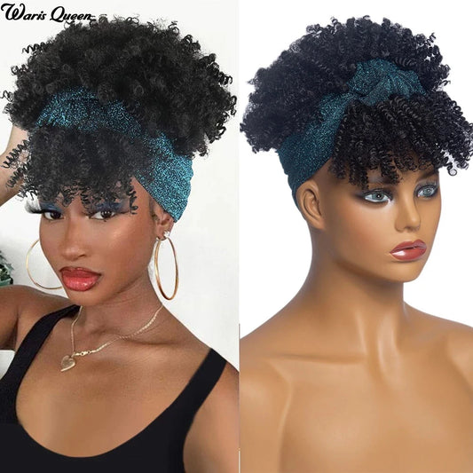 Headband Wig With Bangs Afro Kinky Curly Wig Synthetic Heat Resistant Natural Glueless Hair Short Wavy Wigs For Black Women