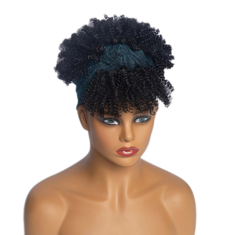 Headband Wig With Bangs Afro Kinky Curly Wig Synthetic Heat Resistant Natural Glueless Hair Short Wavy Wigs For Black Women