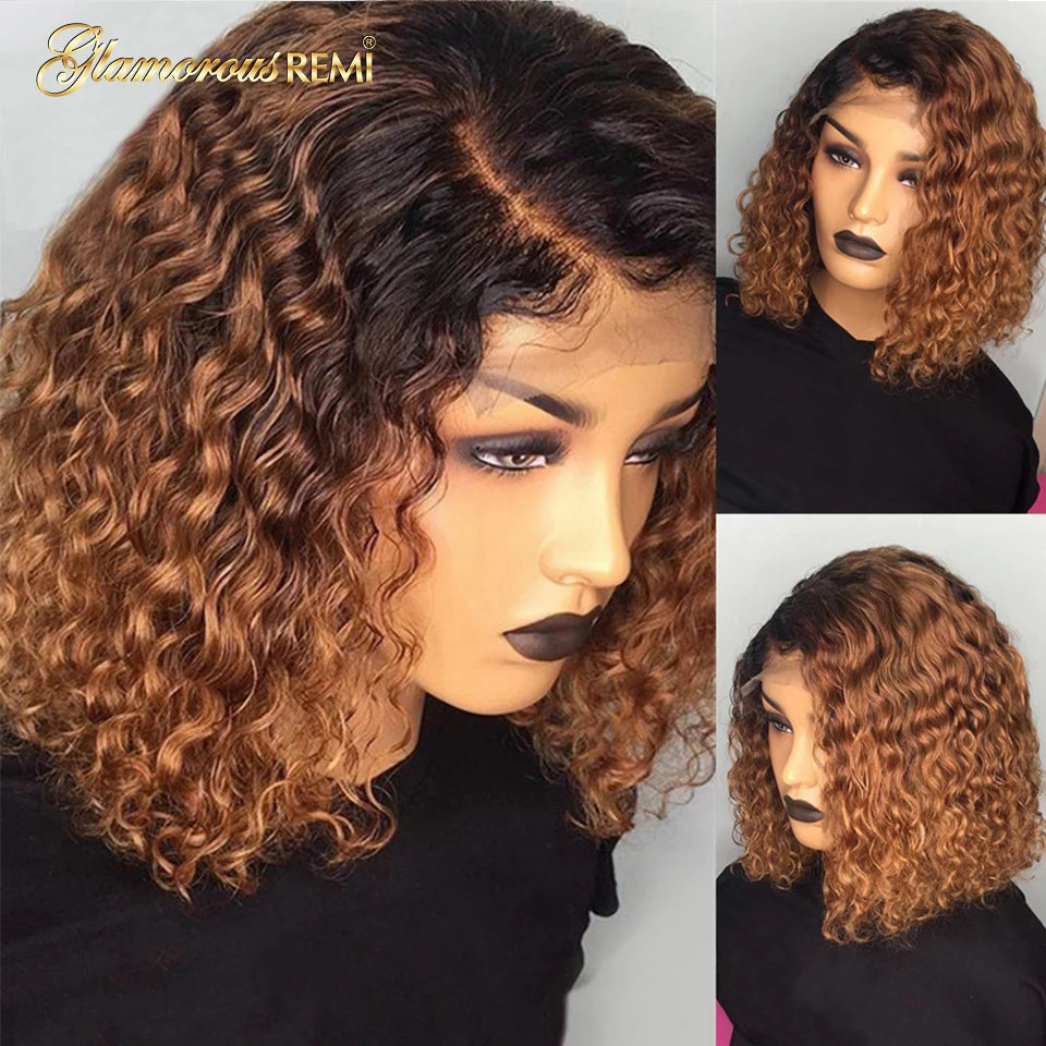 Ombre Curly Short Bob Wig Brazilian Curly Human Hair Wigs Preplucked Bob Deep Curly Lace Front Wig For Women Human Hair 8-16Inch