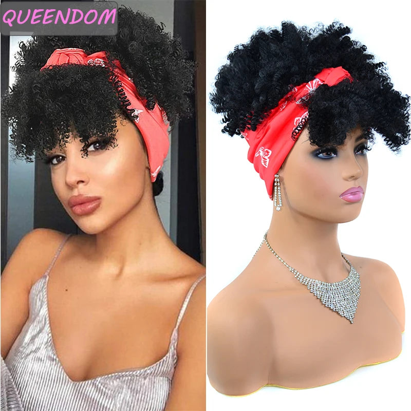 Fluffy Headband Wigs for Black Women Short Afro Kinky Curly Headwrap Wig High Temperature Natural Synthetic Headband Scarf Wig