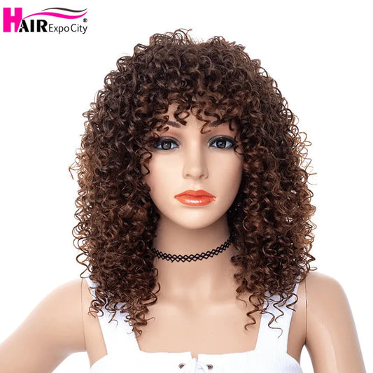 Short Afro Kinky Curly Wig With Bangs Synthetic Wigs For Black Women Heat Resistant Fiber Mixed Brown and Blond Hair Expo City