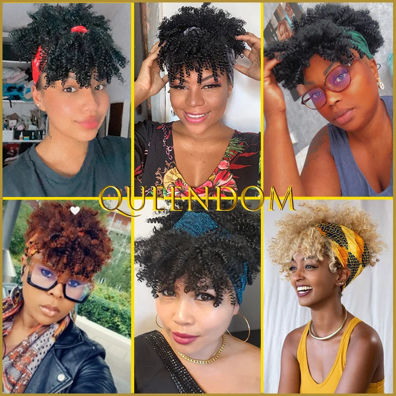 Fluffy Headband Wigs for Black Women Short Afro Kinky Curly Headwrap Wig High Temperature Natural Synthetic Headband Scarf Wig