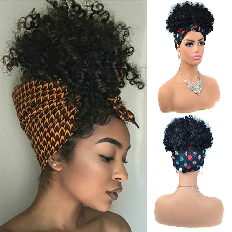 Fluffy Headband Wigs for Black Women Short Afro Kinky Curly Headwrap Wig High Temperature Natural Synthetic Headband Scarf Wig