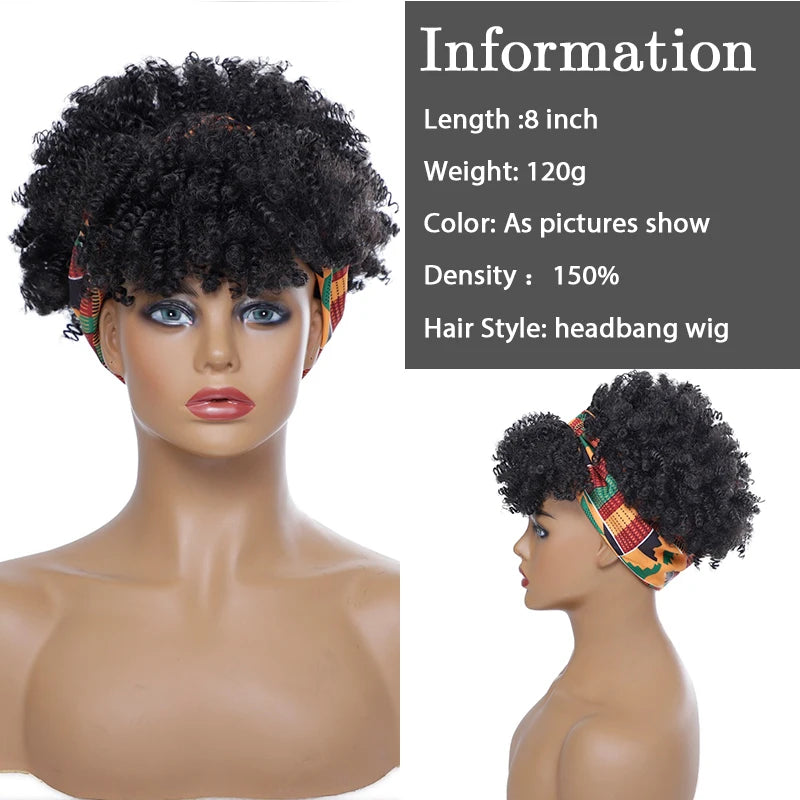 Fluffy Headband Wigs for Black Women Short Afro Kinky Curly Headwrap Wig High Temperature Natural Synthetic Headband Scarf Wig