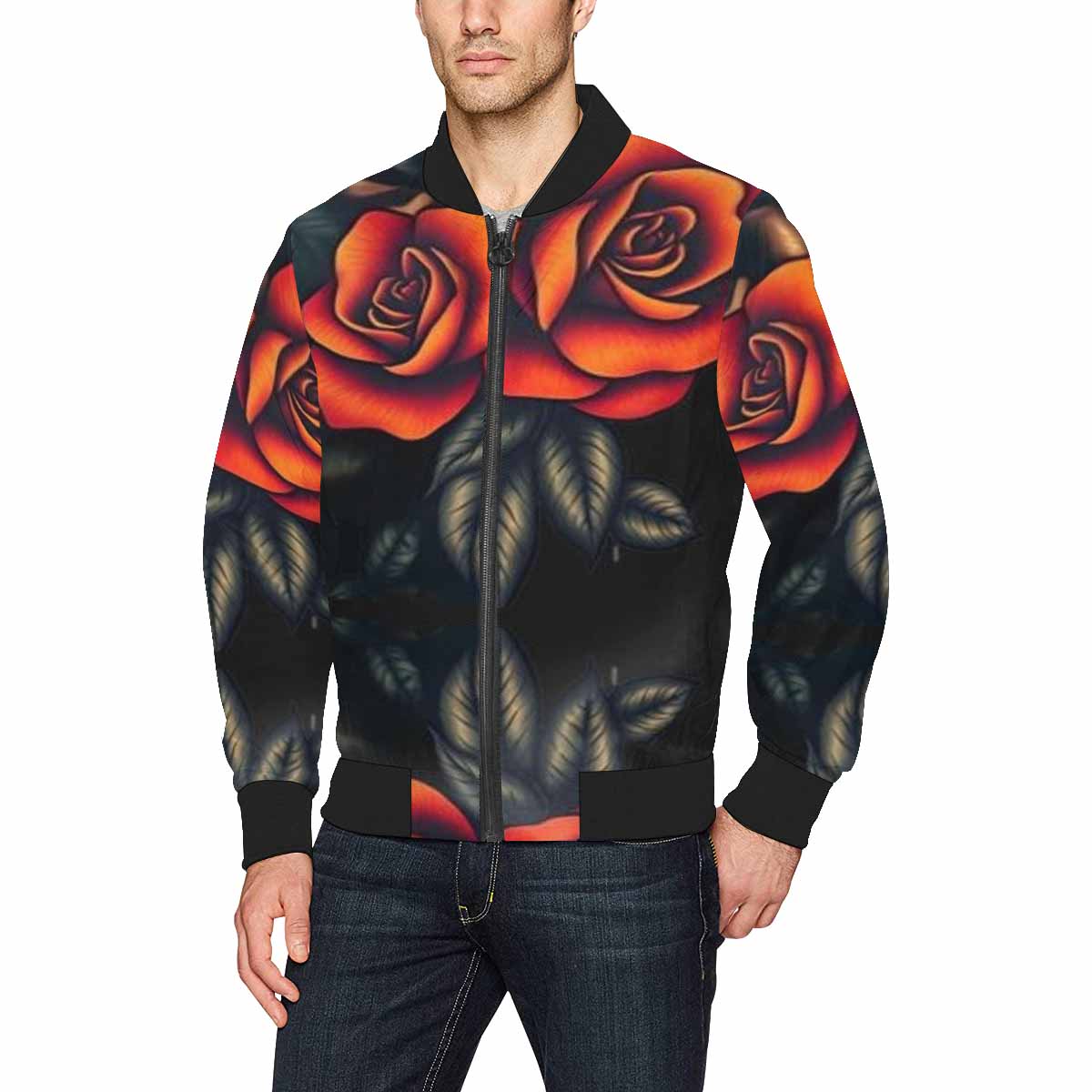 R&RH Burndt Orange Roses Mens Black Bomber Jacket with Black Trim