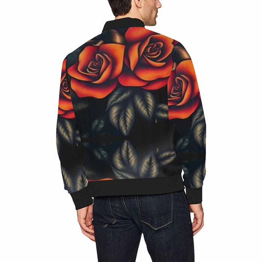 R&RH Burndt Orange Roses Mens Black Bomber Jacket with Black Trim