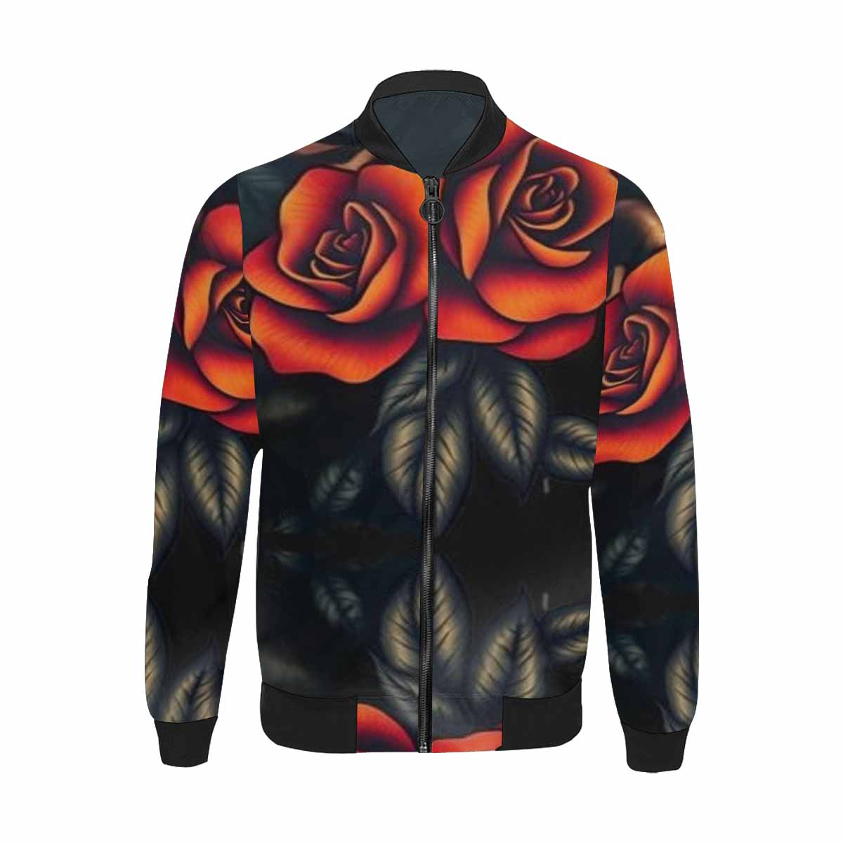 R&RH Burndt Orange Roses Mens Black Bomber Jacket with Black Trim