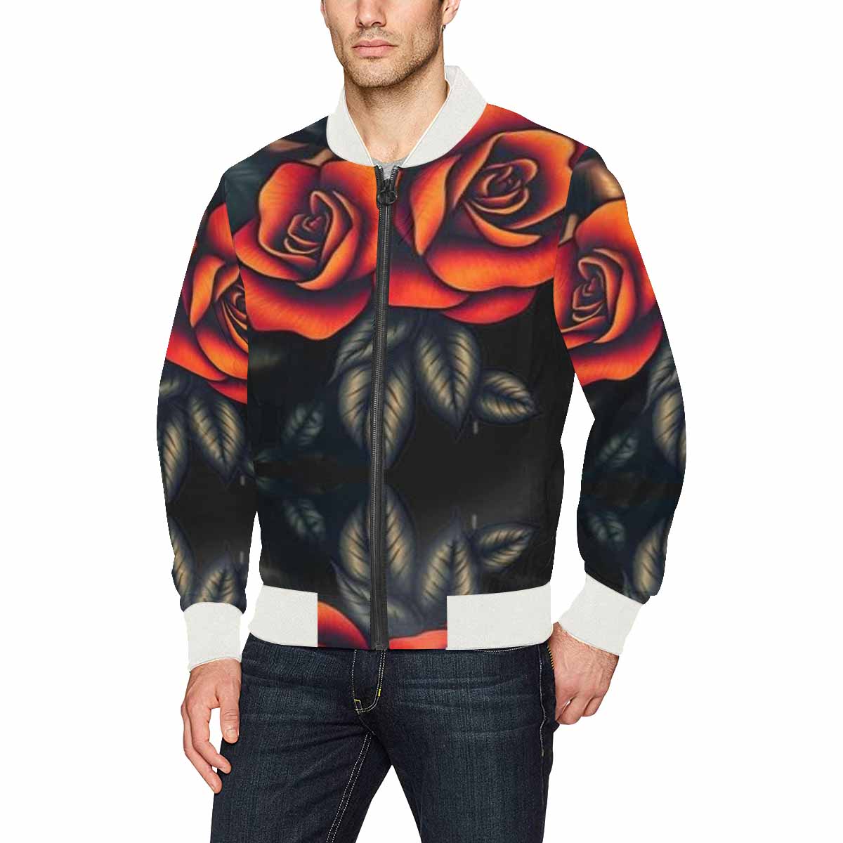 R&RH Burndt Orange Roses Mens Bomber Black Jacket with White Trim