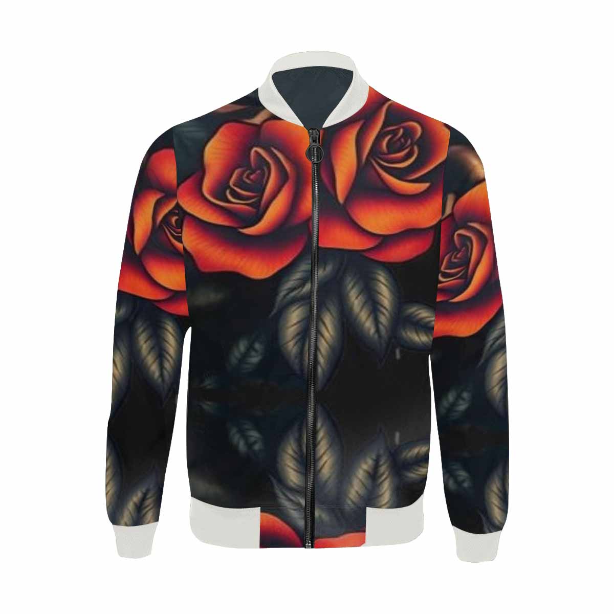 R&RH Burndt Orange Roses Mens Bomber Black Jacket with White Trim