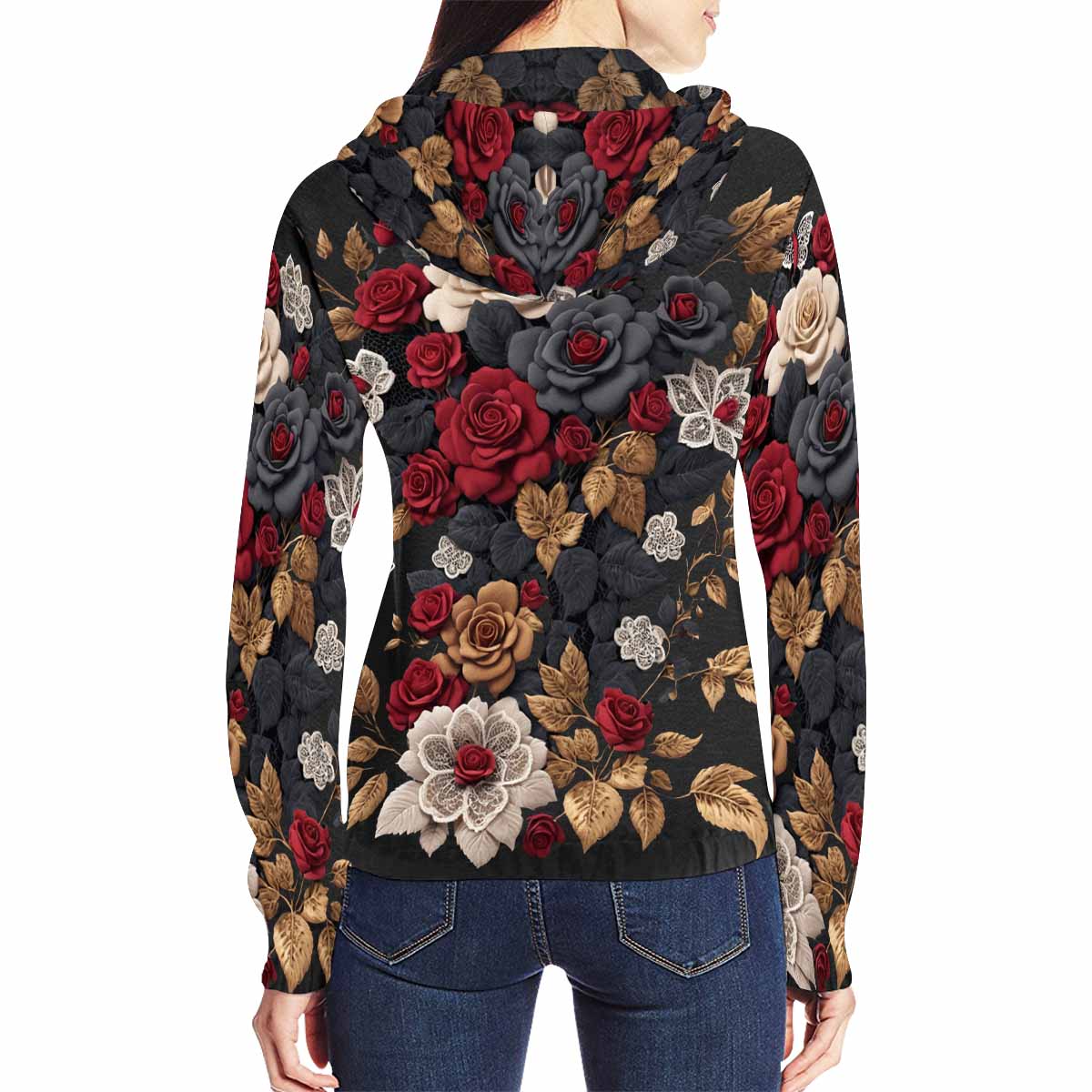 R&RH Women Autumn Flowers Red Full Zip Hoodie