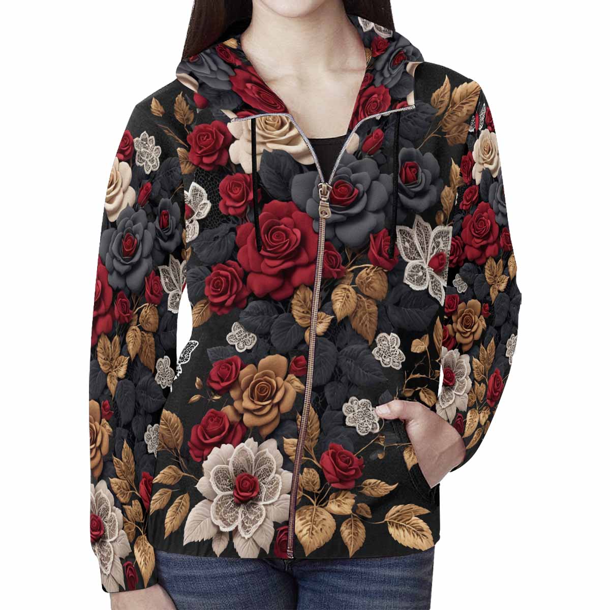 R&RH Women Autumn Flowers Red Full Zip Hoodie