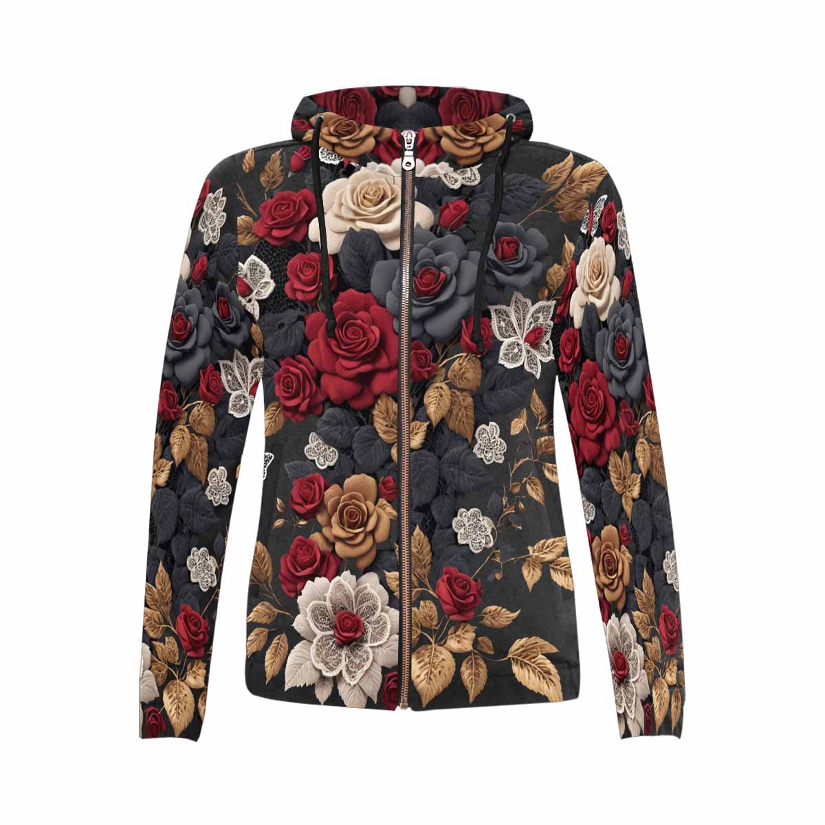 R&RH Women Autumn Flowers Red Full Zip Hoodie