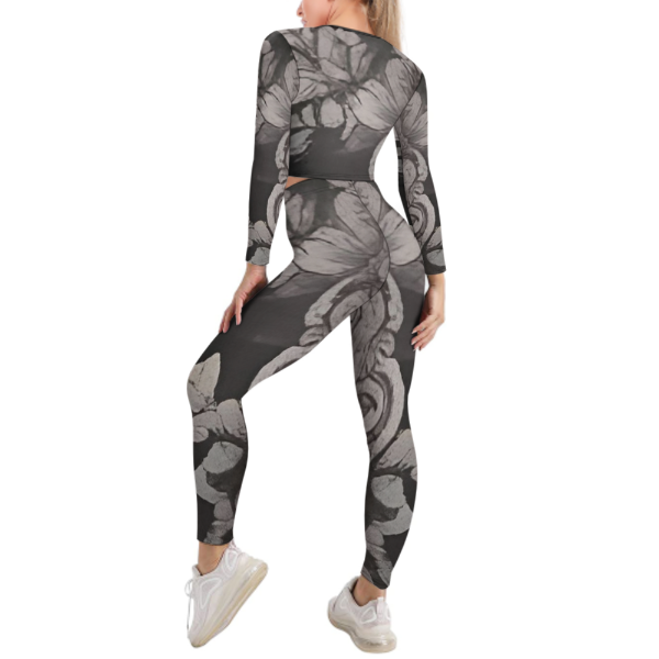 R&RH Womens Graphic Design V-neck Long Sleeve Grey Yoga Sweatsuit Set