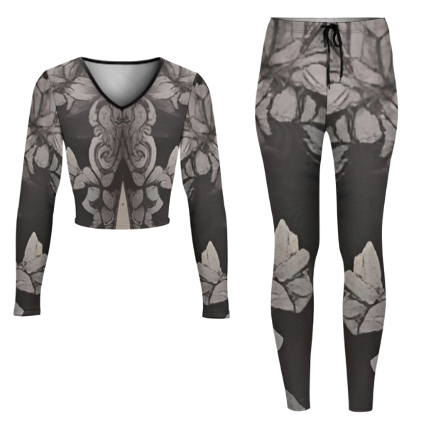 R&RH Womens Graphic Design V-neck Long Sleeve Grey Yoga Sweatsuit Set