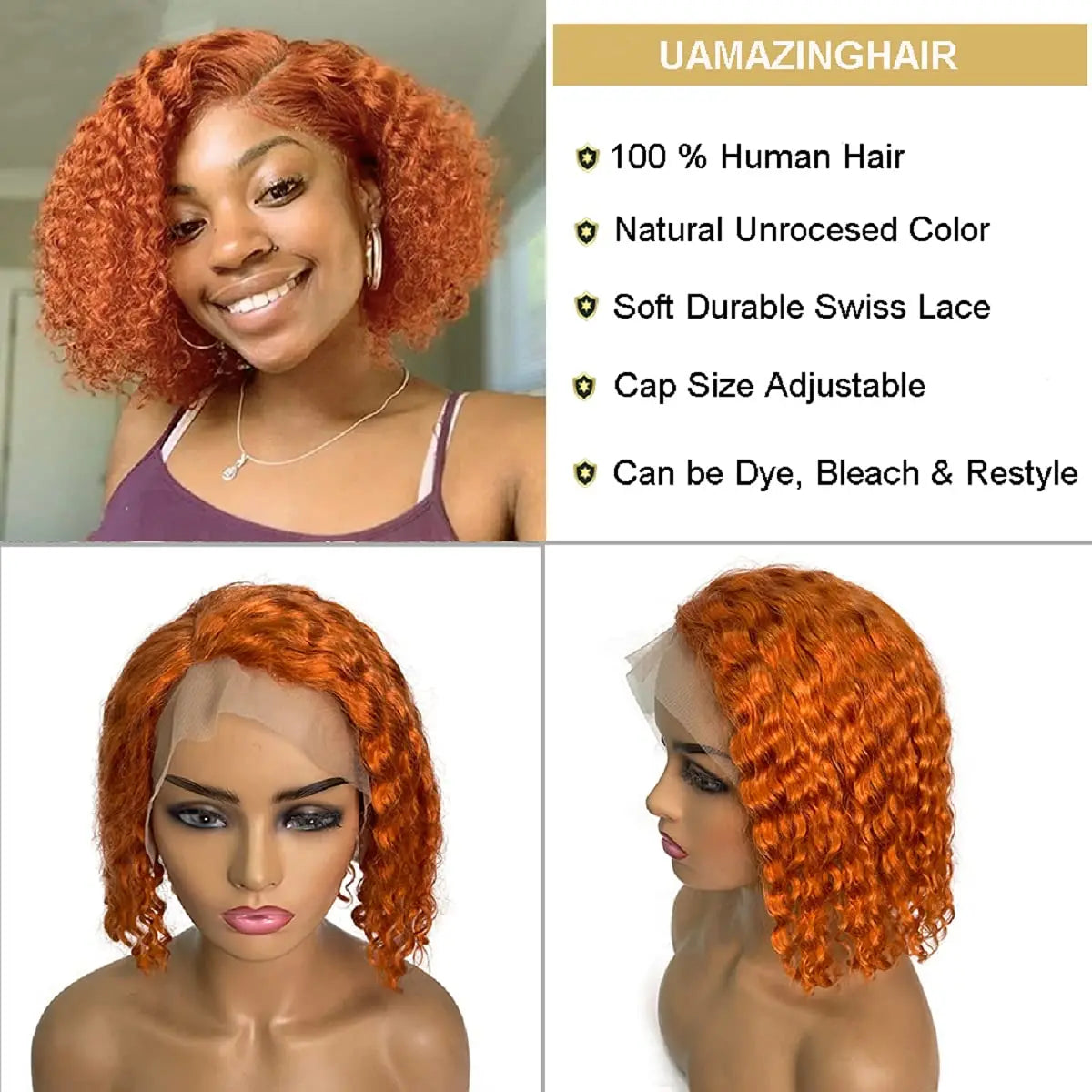 Orange Ginger Color Curly Short Bob Wig Ombre Straight Bob 13x4x1 Lace Front Wig Deep Wave Human Hair Side Part Glueless Ubetta