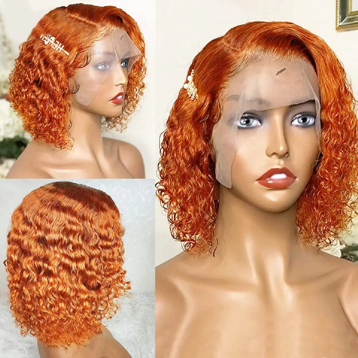 Orange Ginger Color Curly Short Bob Wig Ombre Straight Bob 13x4x1 Lace Front Wig Deep Wave Human Hair Side Part Glueless Ubetta