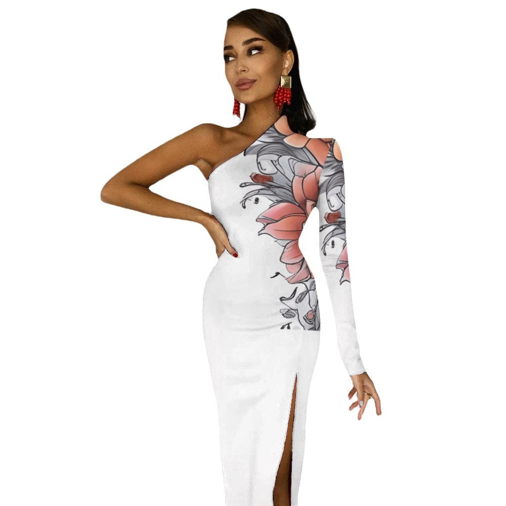 R&RH  Women's Flower White One-Shoulder Slit Maxi Dress