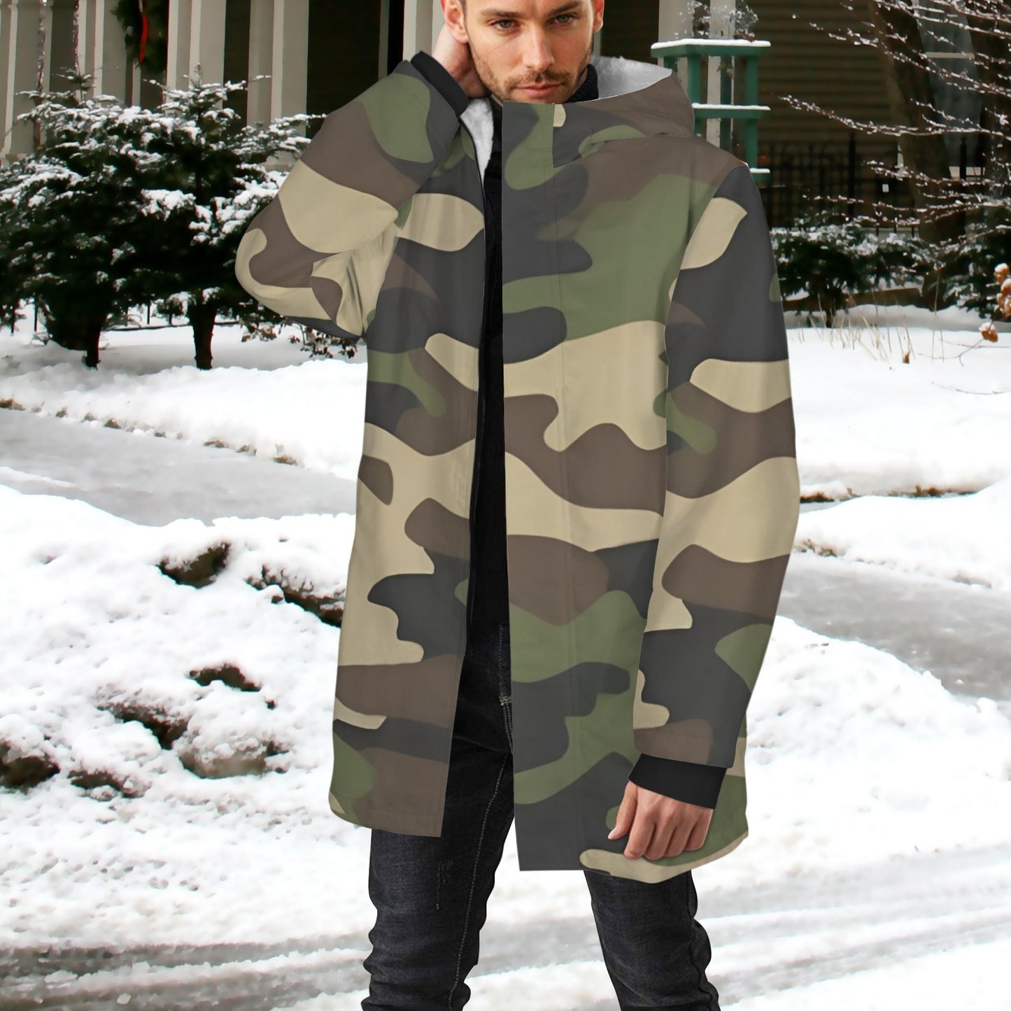 R&RH Camo Green Mens Mid Length Hooded Coat