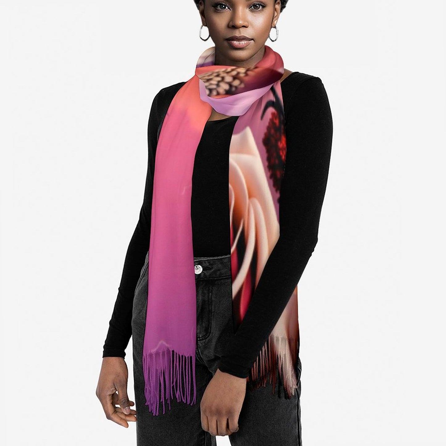 R&RH Floral & Birds Pink Tassel Womens Scarf