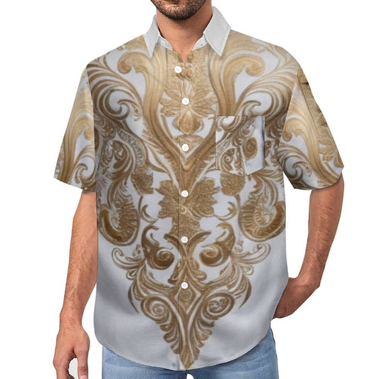 R&RH Gold Design Men's Short Sleeved Shirt Men's Mock Linen Short Sleeve Shirt