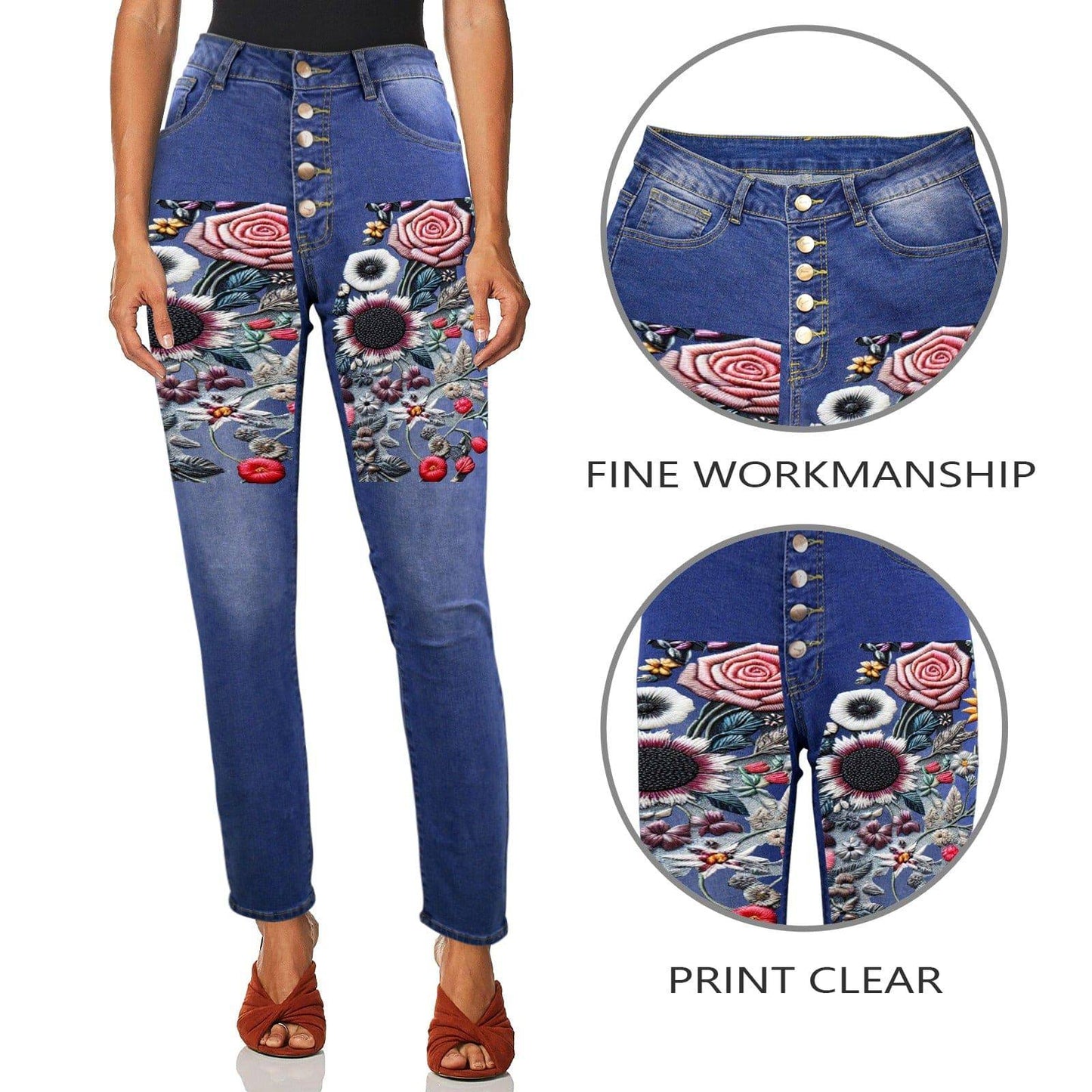 R&RH Embroidery Floral Design Womens Jeans