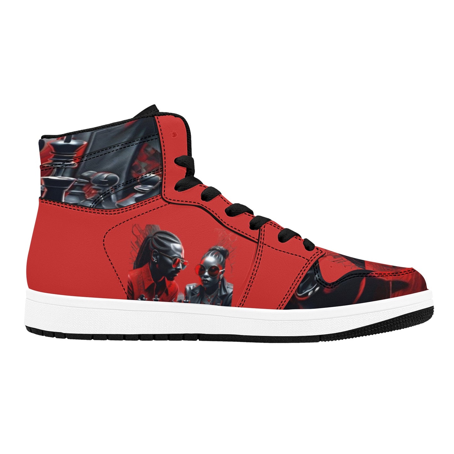 R&RH Chess Game Women's High Top Black and Red Sneakers