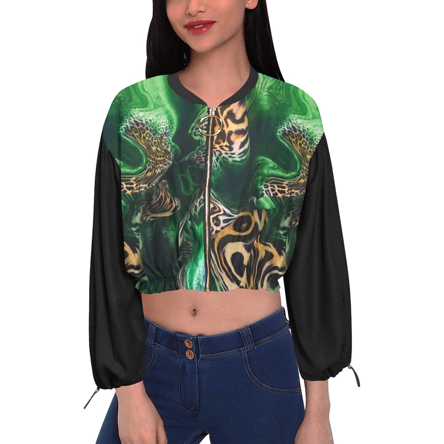 R&RH Womens Green Safari Chiffon Cropped Jacket