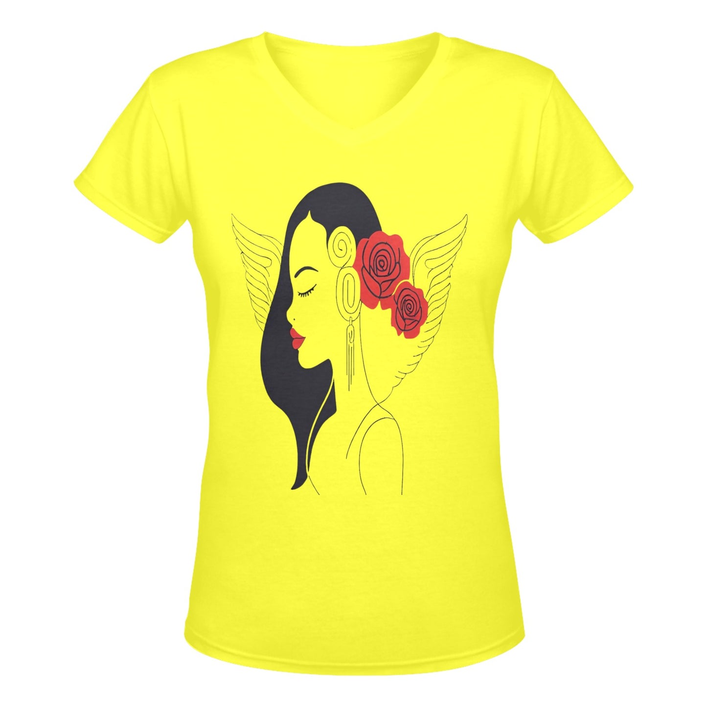 R&RH Woman Rose Womens Yellow Designer Deep V-neck T-shirt