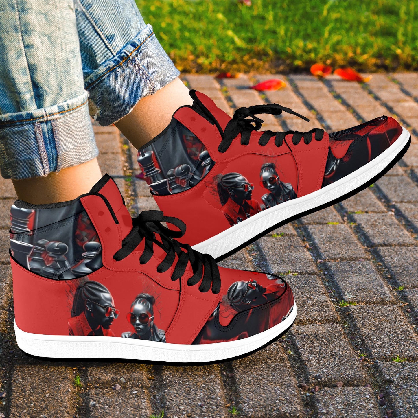 R&RH Chess Game Women's High Top Black and Red Sneakers