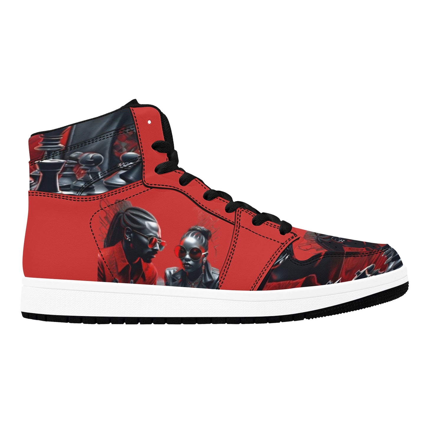 R&RH Chess Game Women's High Top Black and Red Sneakers