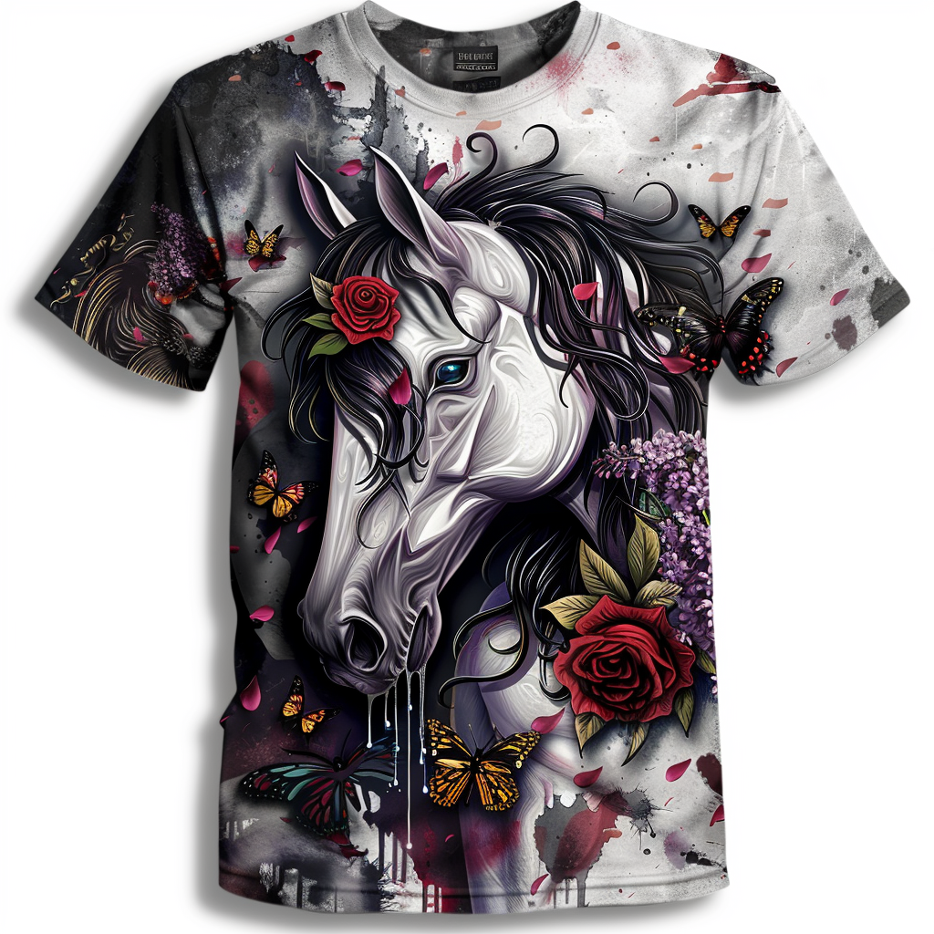 R&RH Black Multi Color Elegant Unicorn Unisex T-Shirt - Floral Fantasy Design