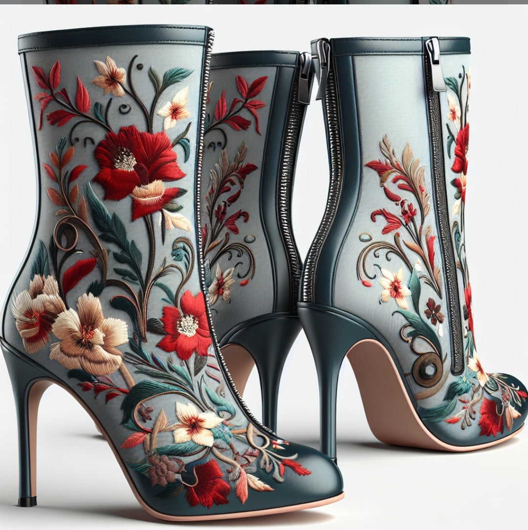 R&RH Women's Floral Heel Boots