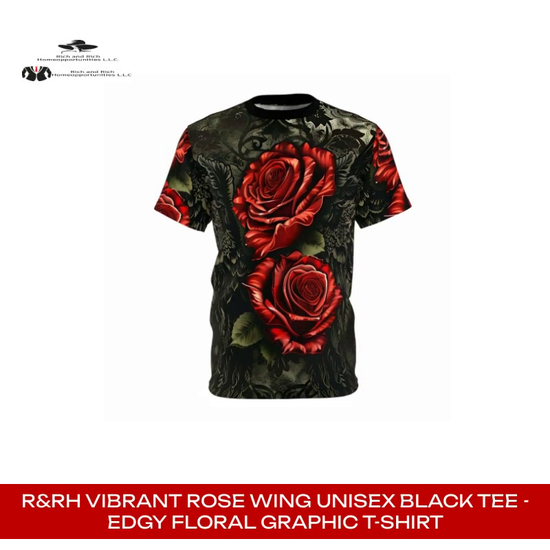 R&amp;RH Vibrant Rose Wing Unisex Black Tee - Edgy Floral Graphic T-Shirt by@Outfy