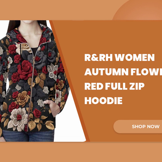 R&amp;RH Women Autumn Flowers Red Full Zip Hoodie by@Outfy