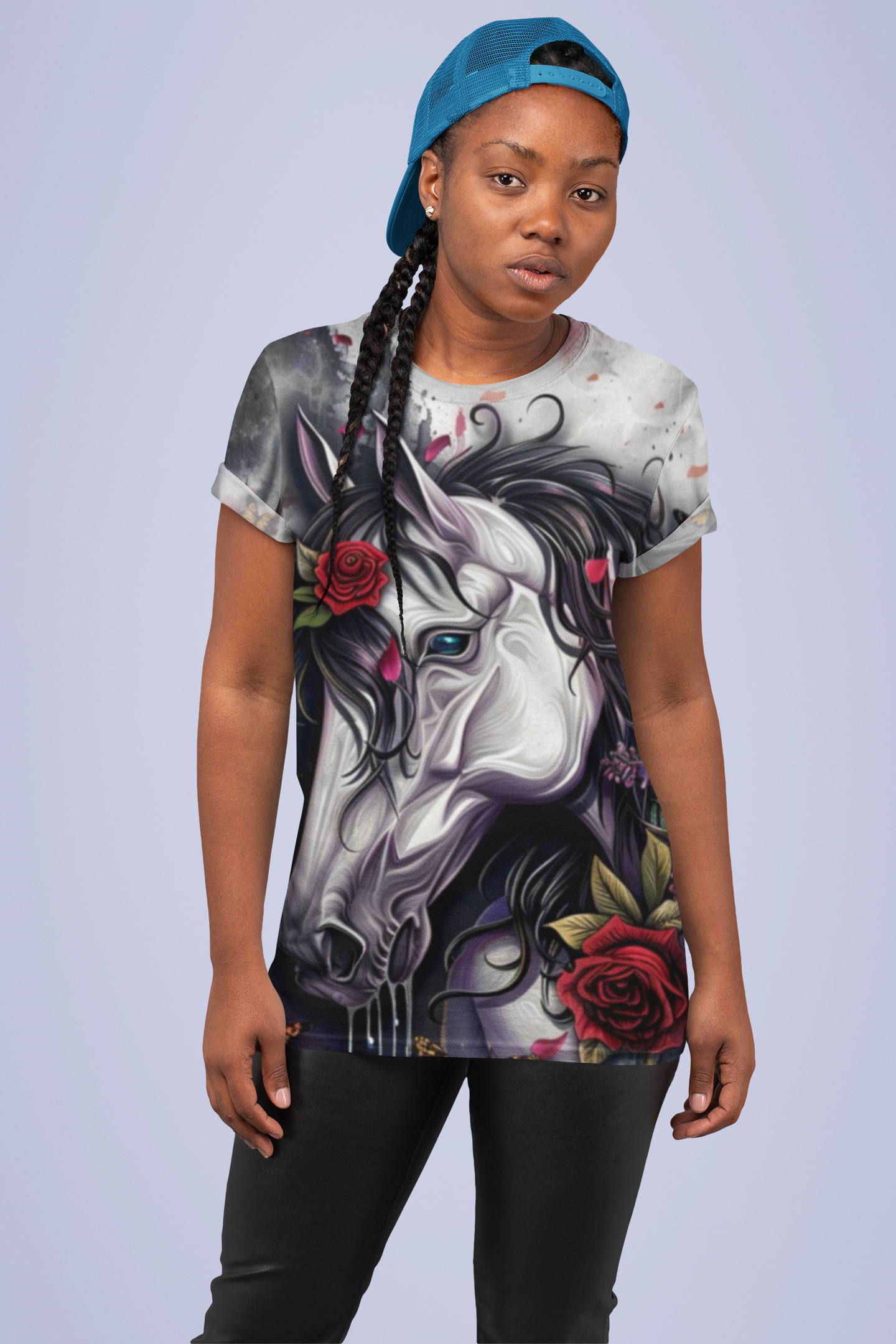 R&RH Black Multi Color Elegant Unicorn Unisex T-Shirt - Floral Fantasy Design